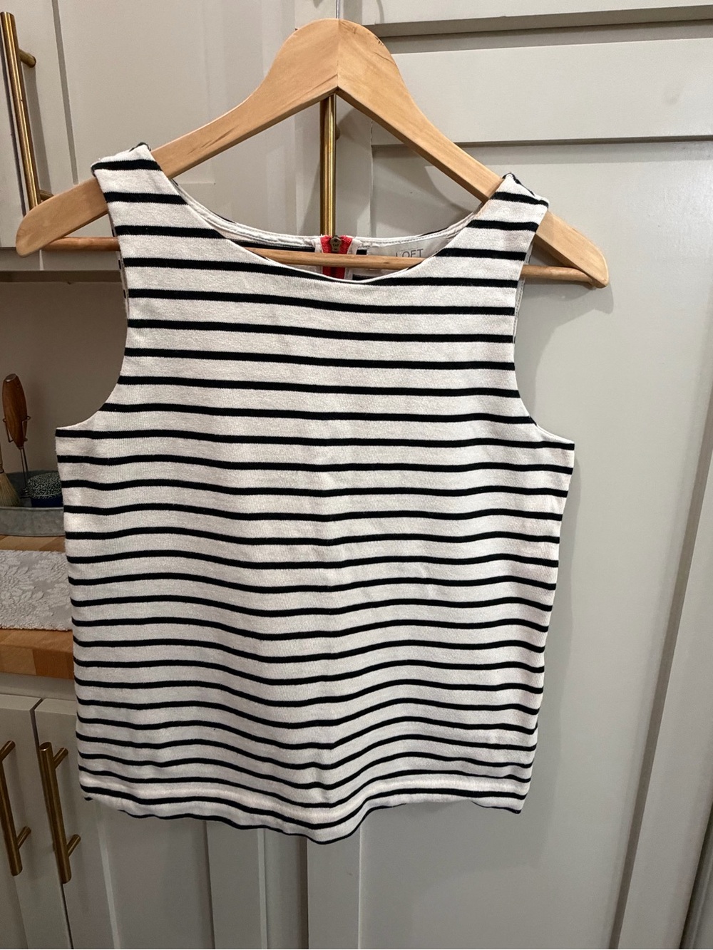 LOFT White and Navy Blue Striped Sleeveless Knit Tank
